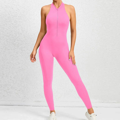 Sexy Hollow Backless Bodycon Scrunch Sport Jumpsuit Raises Butt Woman One Piece Gym Set Sleeveless Zipper Yoga Fitness Overalls